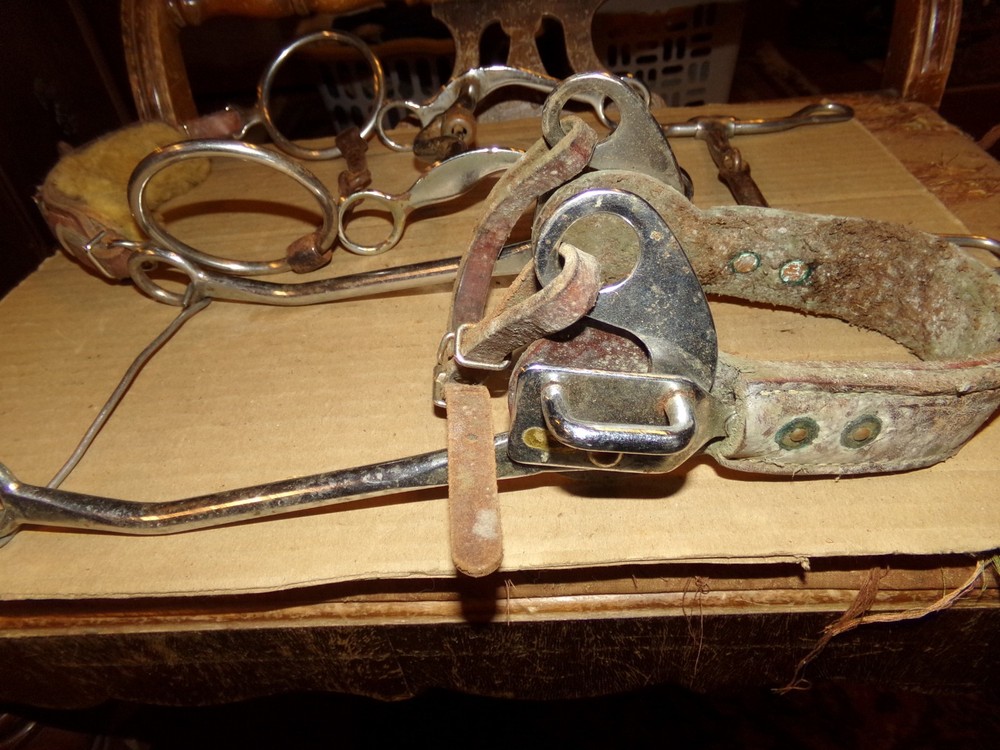 4 Different Vintage Horse Bits Hackamore, Sweet Iron Snaffle, Copper Roller