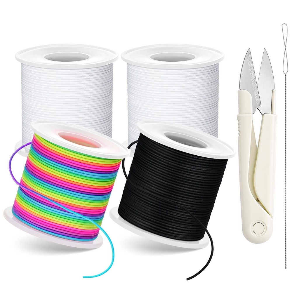 Stretchy Bracelet String Kit with Scissors & Beading Black, White, Rainbow
