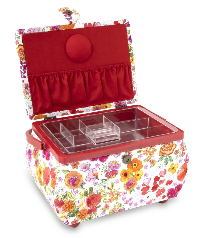 Dritz Red Floral Large Curved Sewing Basket
