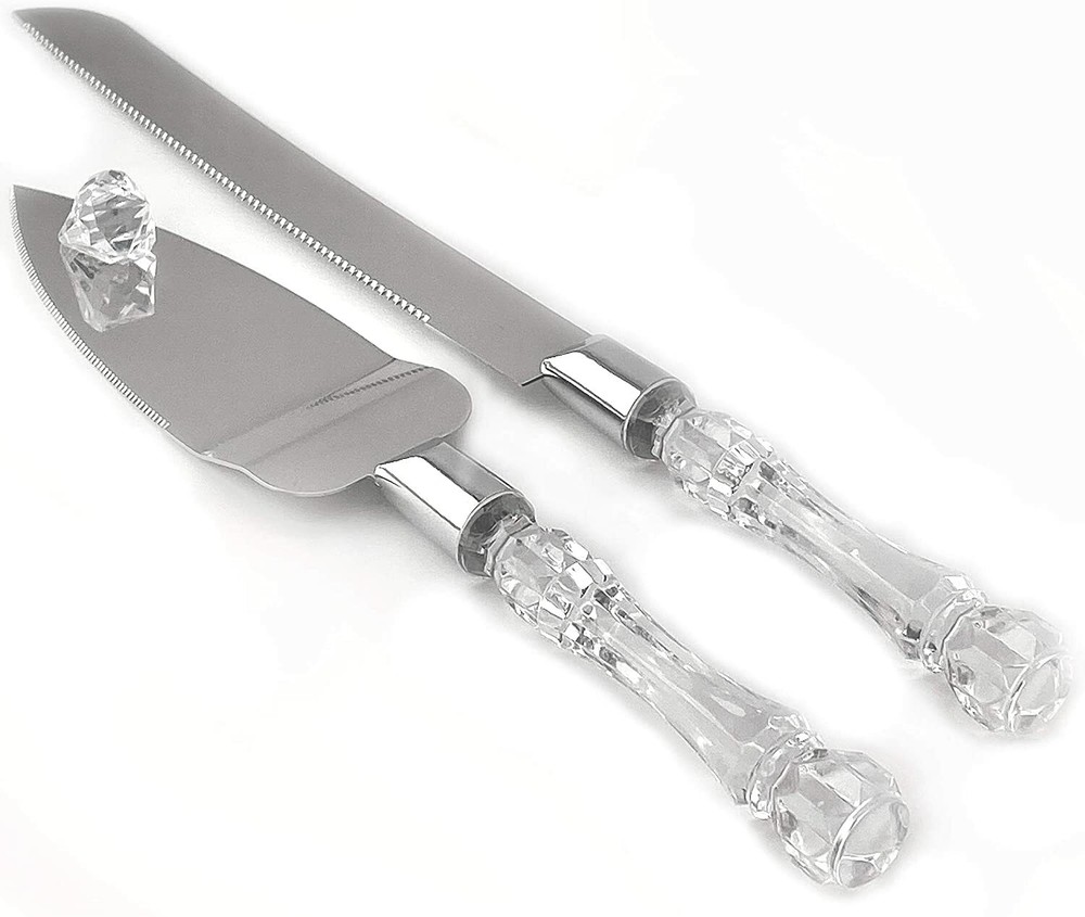 Wedding Anniversary Cake Server Set Cutting Silver engrave yourself Clear Handle