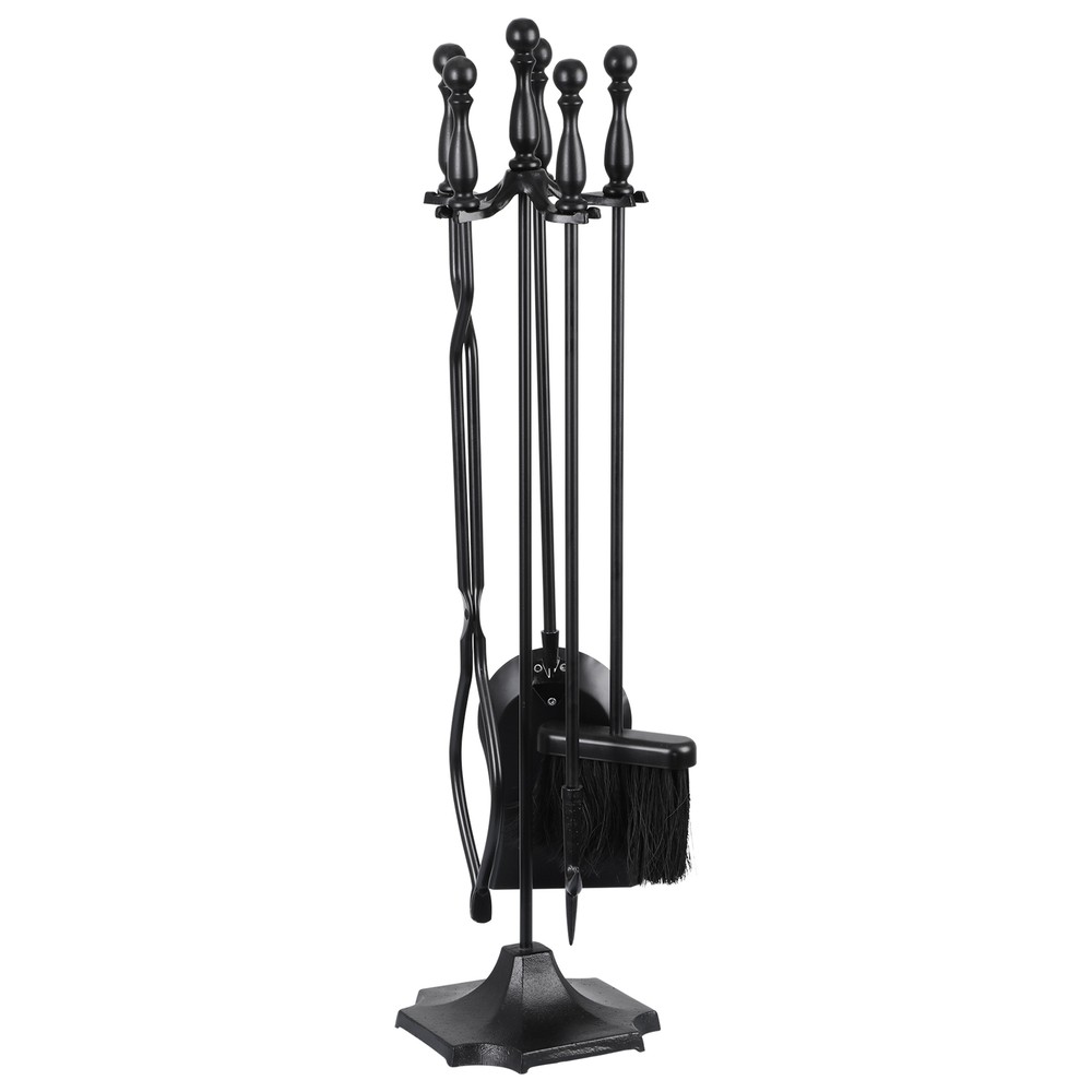 5PCS Fireplace Tools Sets Black Handle Wrought Iron Large Fire Tool Set Indoor