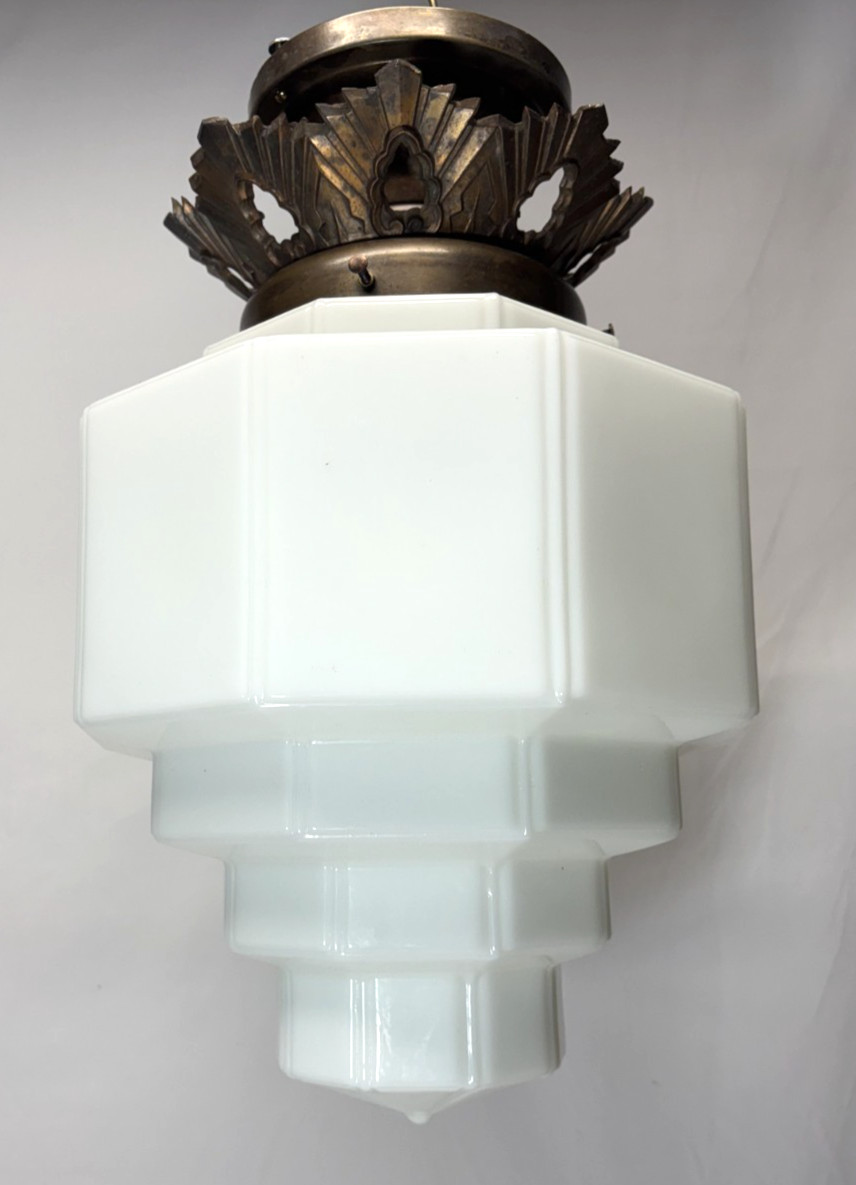 Skyscraper Light Fixture Ceiling Flush Brass Vtg Art Deco Glass Shade USA #L39