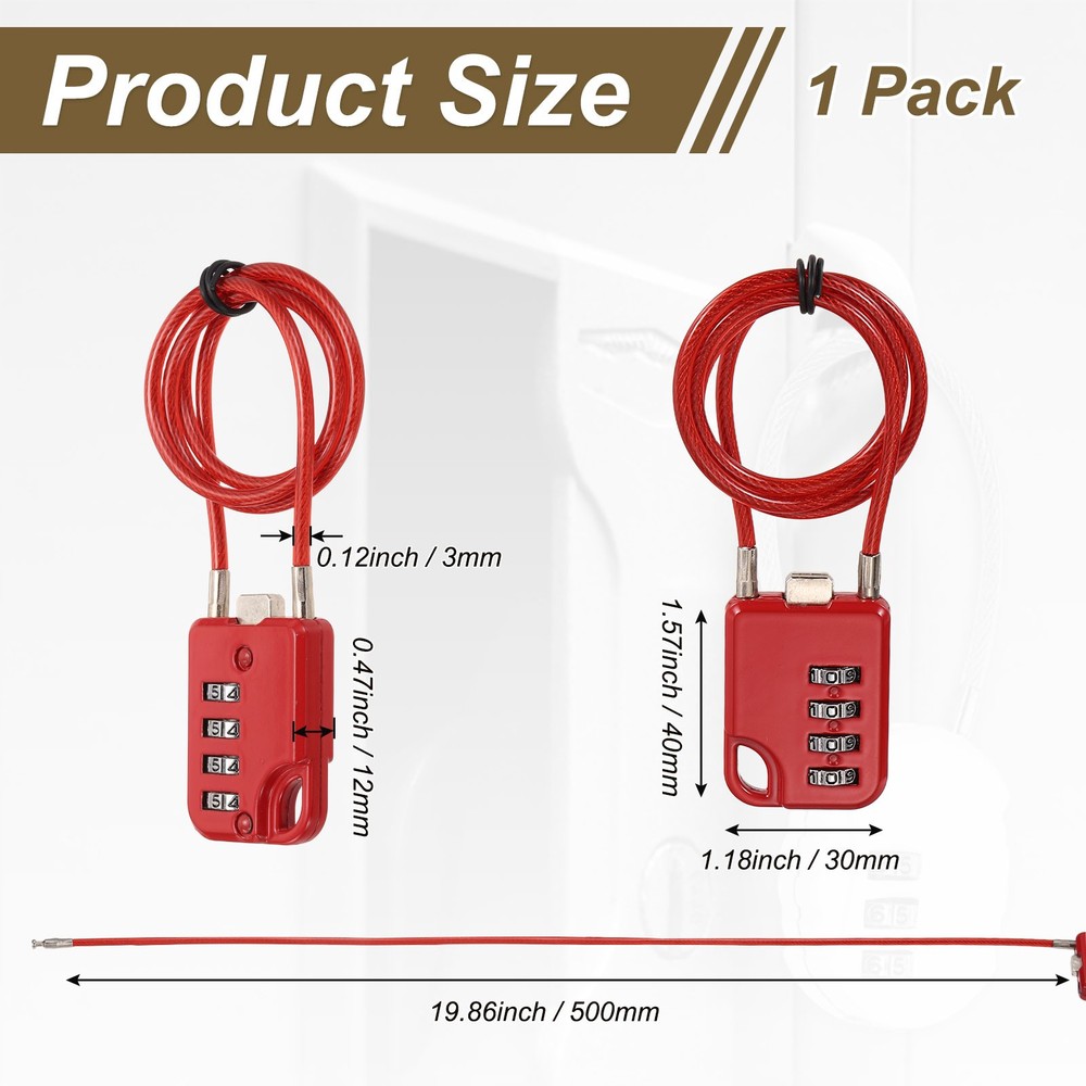 1-Pack Combination Padlock, 4 Digit 20 in Cable Luggage Lock [Red]