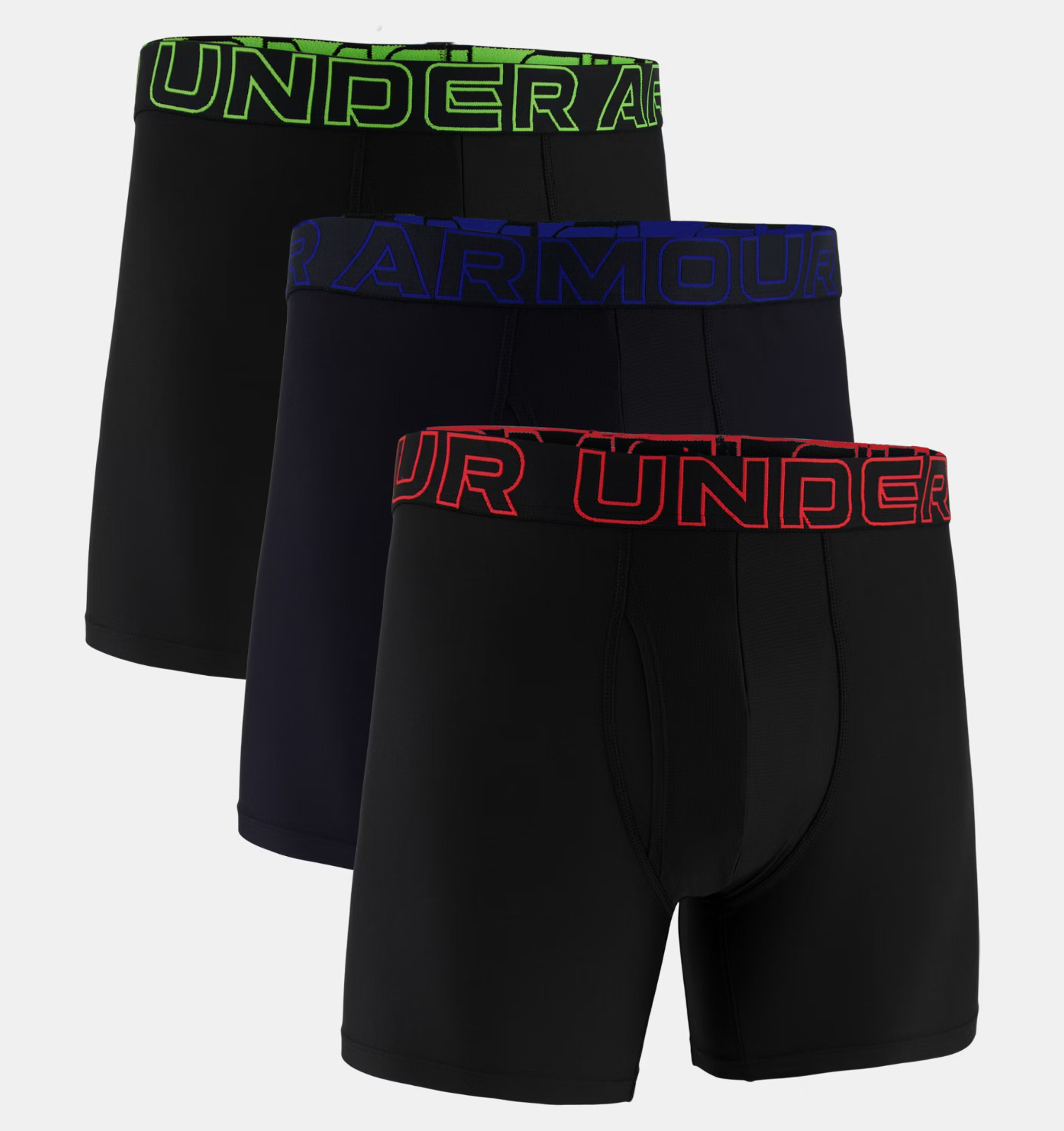 Under Armour 3 Pack 6" Performance Boxerjock Three Boxer Briefs Black Green Blue