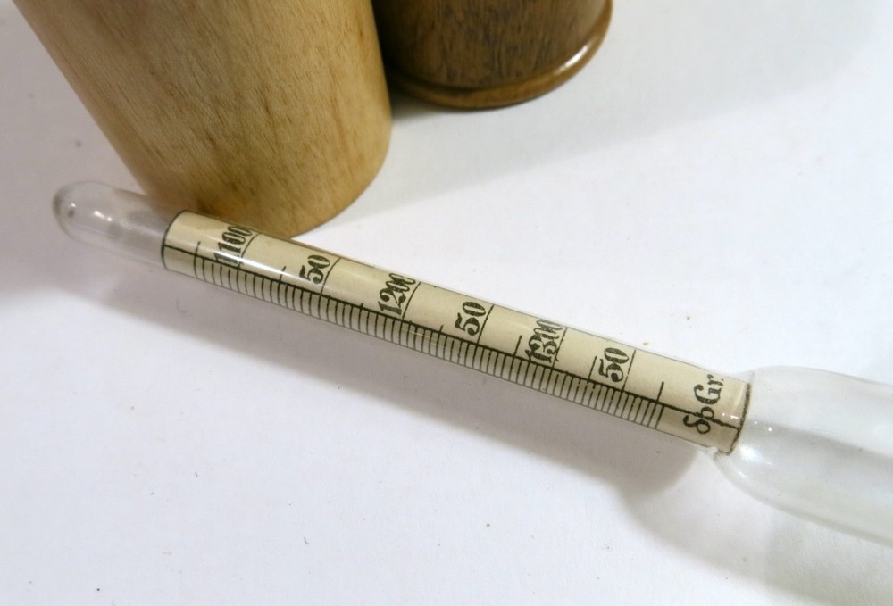 Antique Hydrometer in Turned Solid Maple Two-Part Storage Tube — Refinished