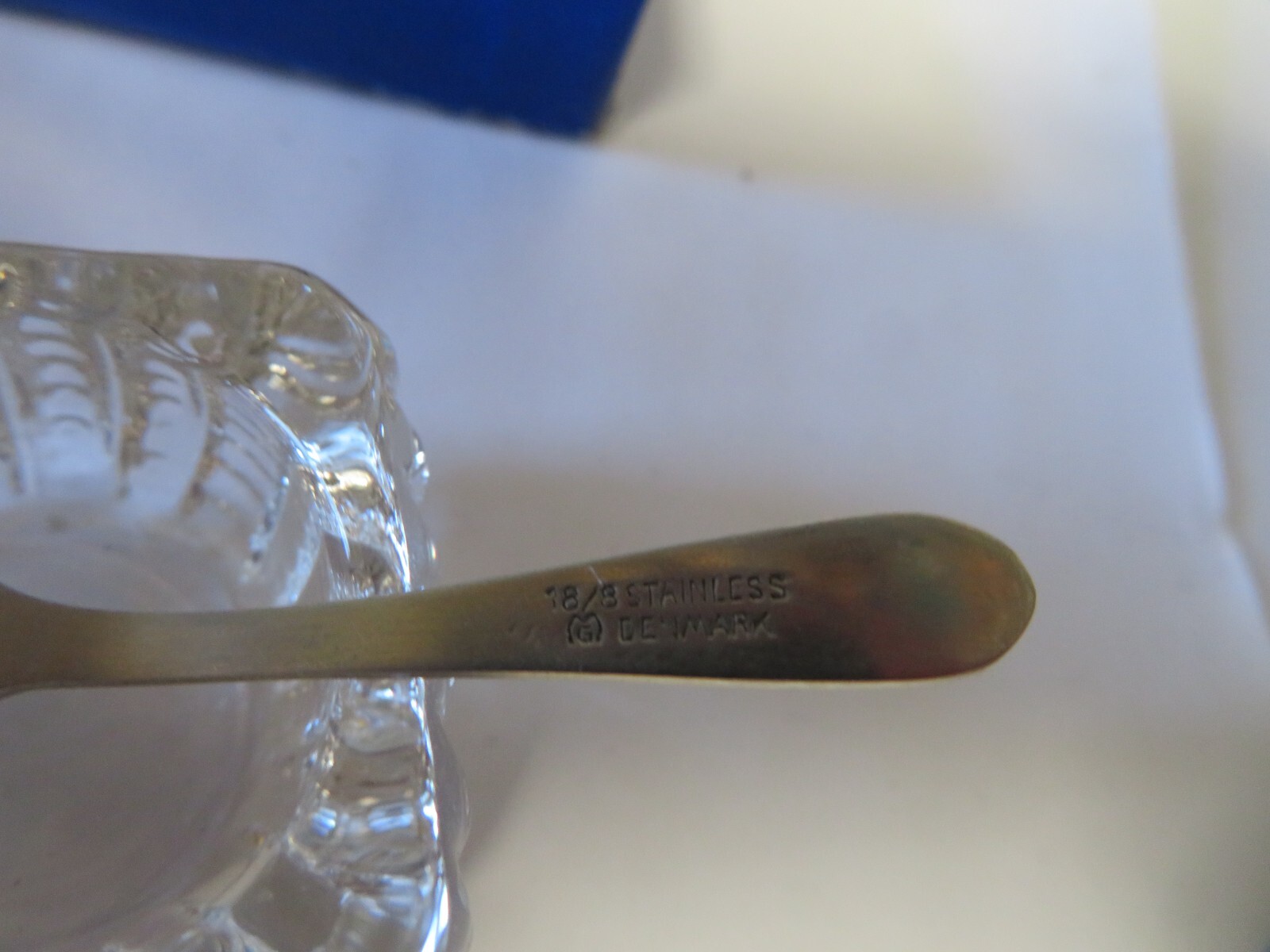 18/8 Stainless Salt Spoon Denmark w/ Cambridge Glass Salt Cellar