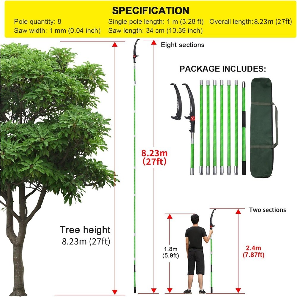 27FT Tree Pole Pruner, Manual Extendable Branch Trimmer Saw