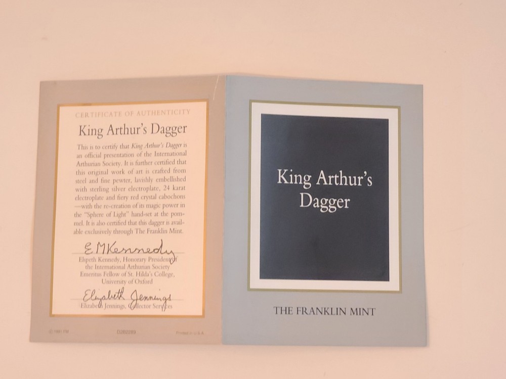 Franklin Mint King Arthur's Dagger with display frame, plus Certificate