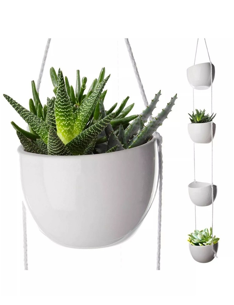 4-Tier Hanging Plant Holder White Ceramic Planter