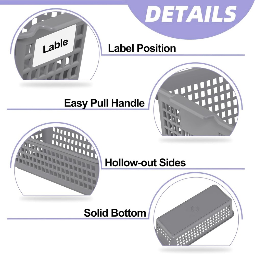 Slim Plastic Storage Baskets, Gray Small Shelf Baskets, 4 Pack