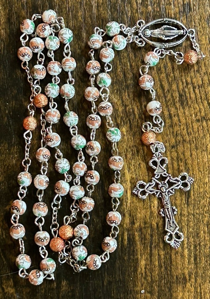 Catholic Prayer Beads Rosary 6mm Green Orange Porcelain Necklace Beads