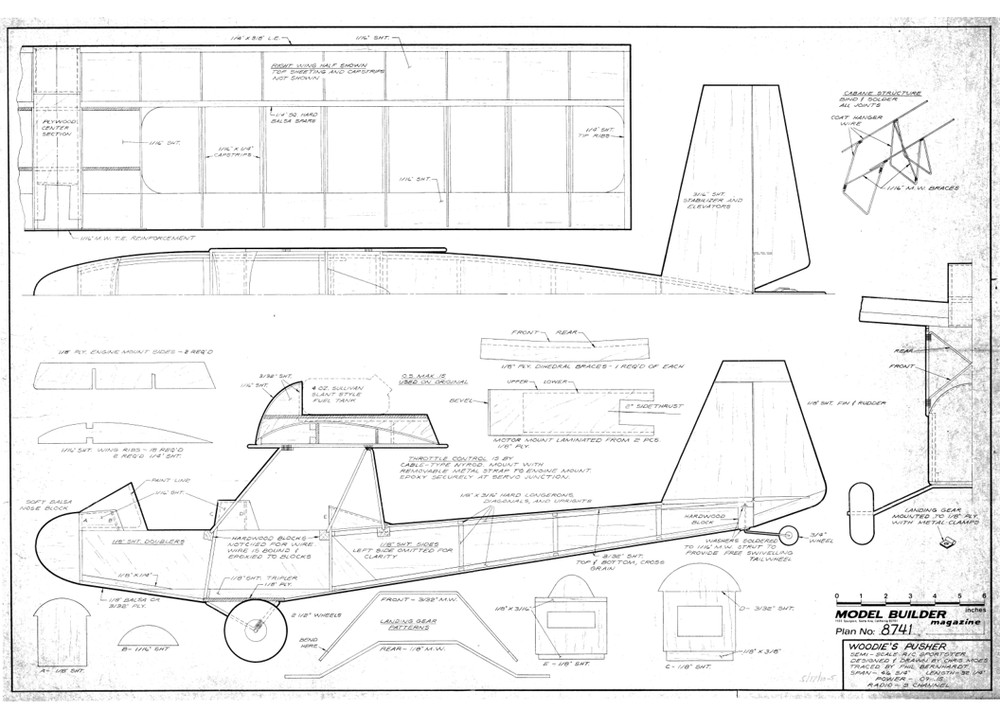 WOODY PUSHER PLAN + CONSTRUCTION ARTICLE for 47" RC Model Builder Model Airplane