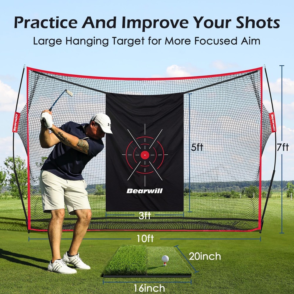 Bearwill Golf Net 10x7ft Heavy Duty Golf Practice Nets with Mat Target Cloth