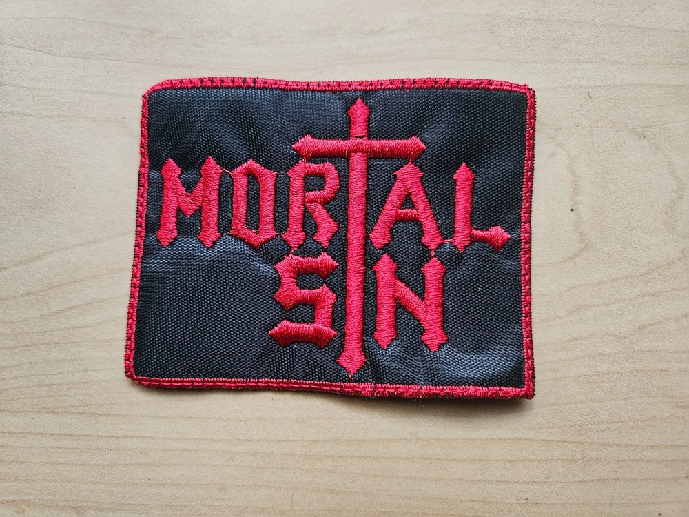 MORTAL SIN,SEW ON RED WITH RED BORDER EMBROIDERED PATCH
