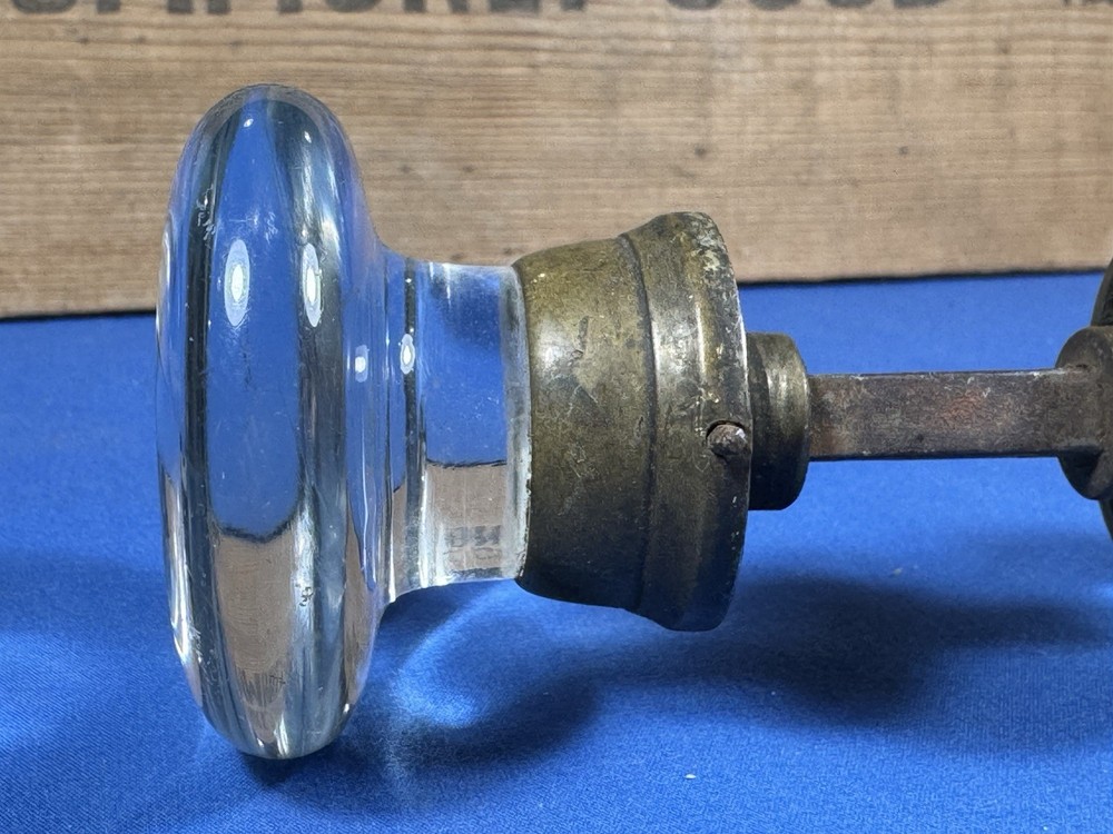 Pair C.1920 Glass Door Knobs ~ "X" Rosette, NO chips or cracks, Clean, Thin
