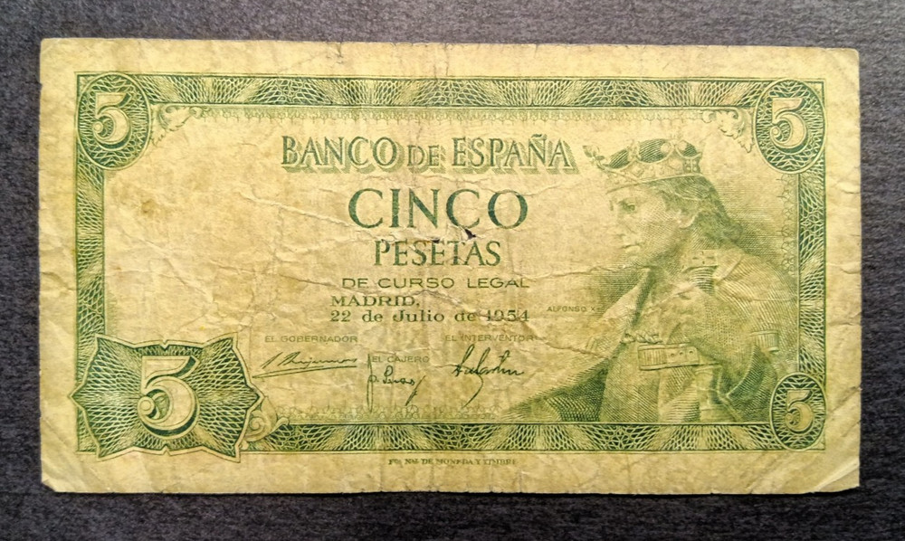 Spain 5 Pesetas 1954 Circulated Poor