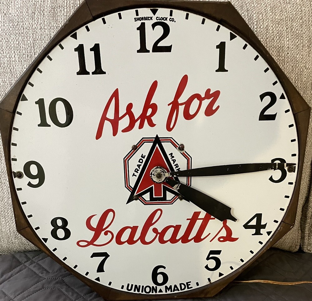 ORIGINAL 1930 PORCELAIN LABATT'S BEER CLOCK  Shonbeck Clock Co. Canada