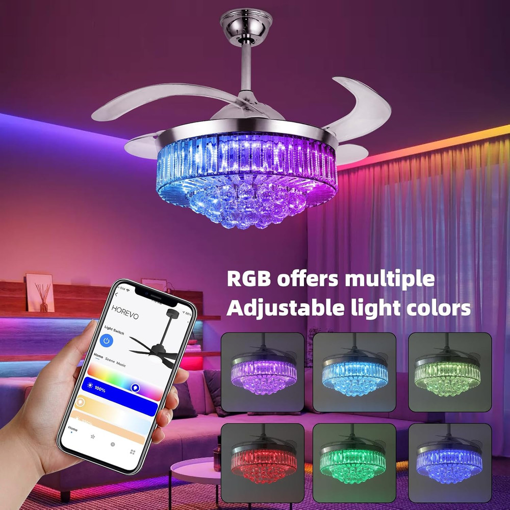 42" Smart Crystal Ceiling Fan with RGB Light & Bluetooth Speaker, Alexa/Google
