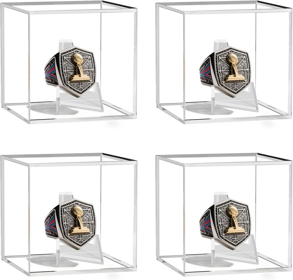 4 Pack Championship Ring Display Cases with Stands, 2.5" Square Clear Acrylic...