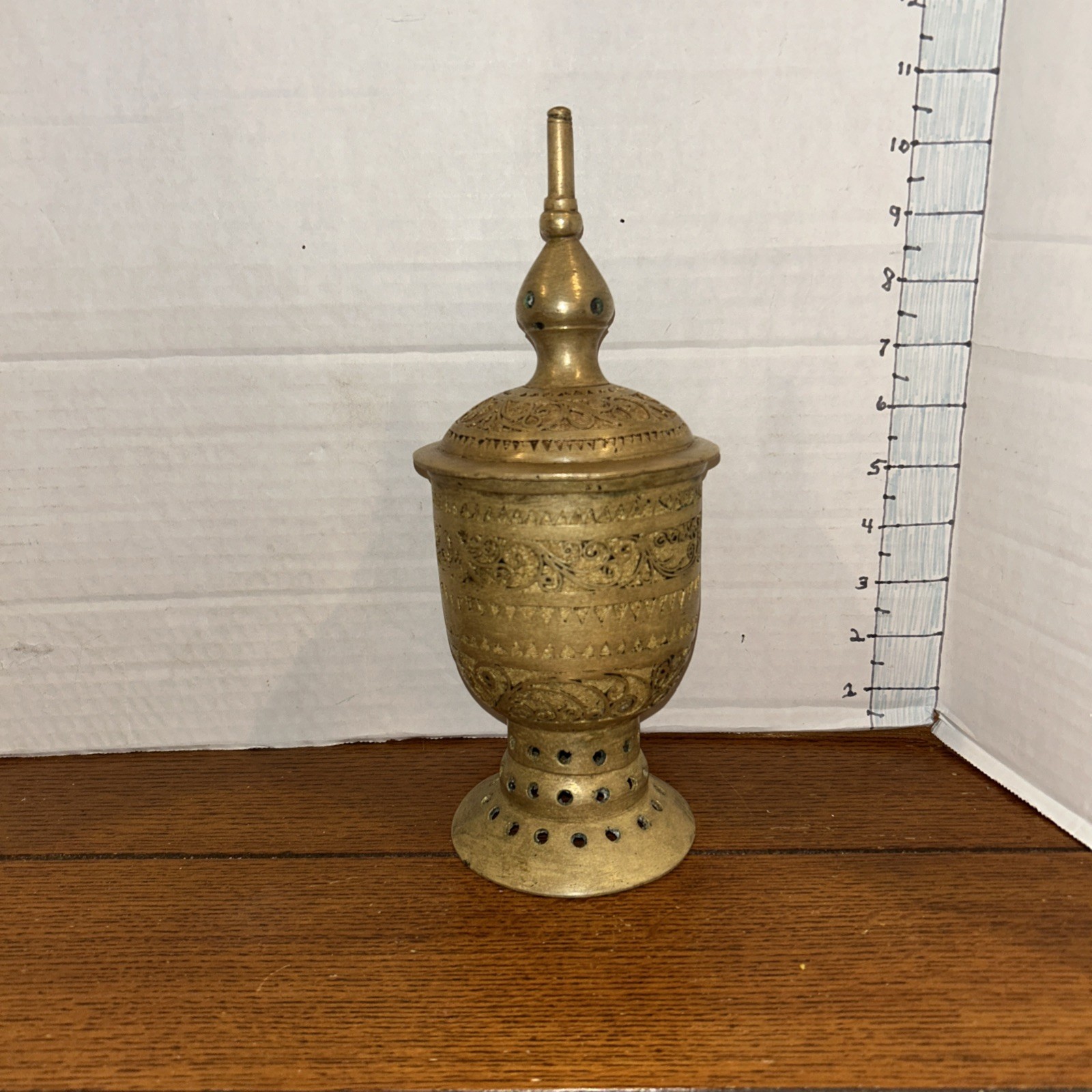 Heavy Antique Asian Brass Incense Burner 10.5" tall