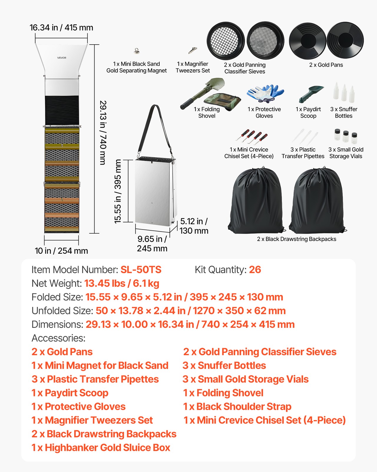 VEVOR Highbanker Gold Panning Kit Folding High Banker Gold Sluice Box 50" 26 PCS