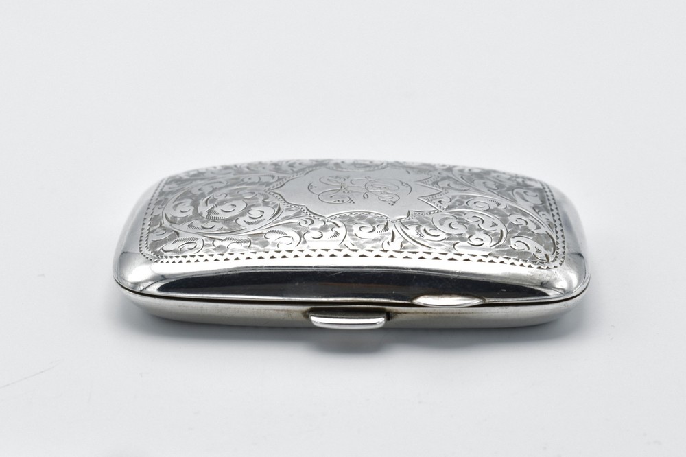 Antique Solid Silver Curved Cigarette Case 1906 Patterned Scroll Engraved Edward