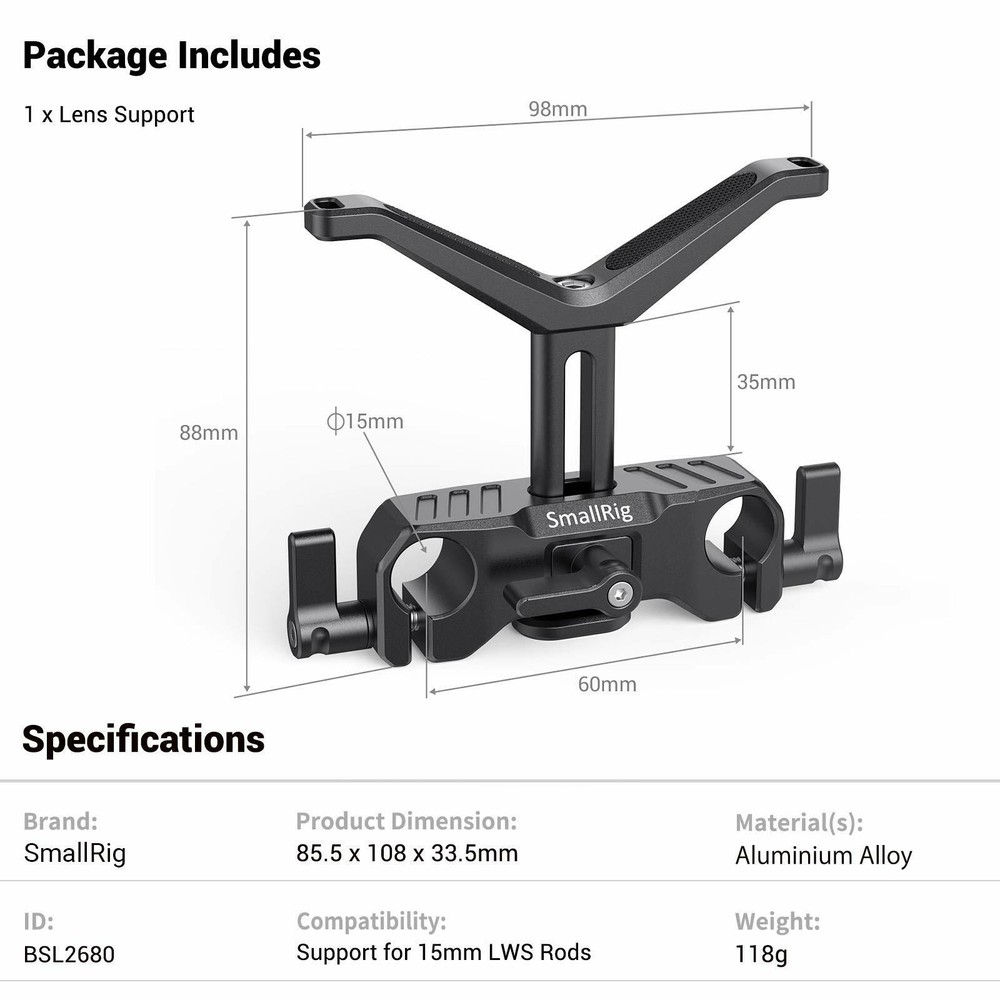 SmallRig Adjustable 15mm LWS Universal Lens Support for Camera Shoulder Rig
