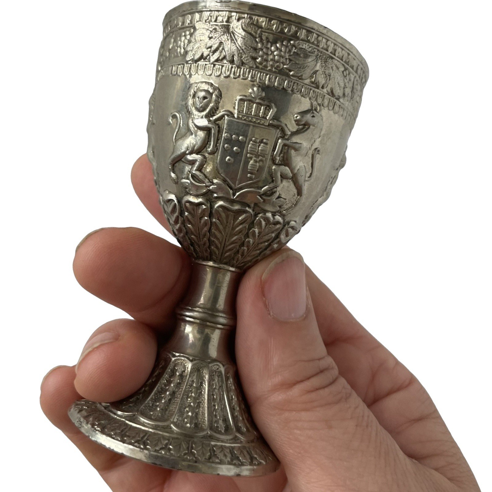 Wine Cordial Goblet Shot Glass Coat Of Arms Grape Lion Unicorn Silver Plate 3.5”