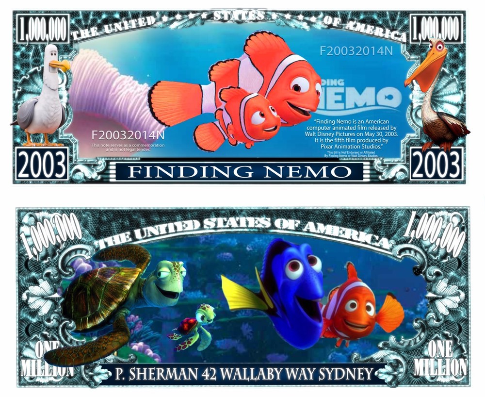 OUR FINDING NEMO CARTOON DOLLAR BILL (WITH PROTECTIVE SLEEVE)