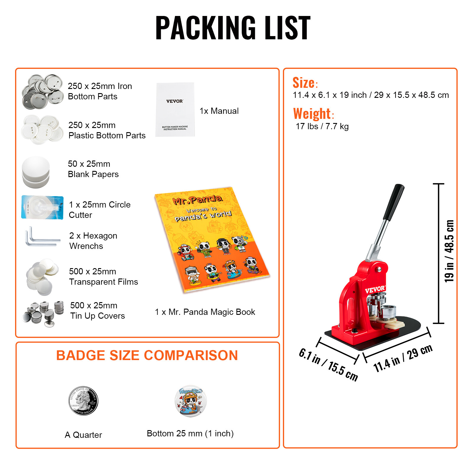 VEVOR Button Maker Machine Badge Pin Machine 1" 25MM 500 Free Parts Press Kit