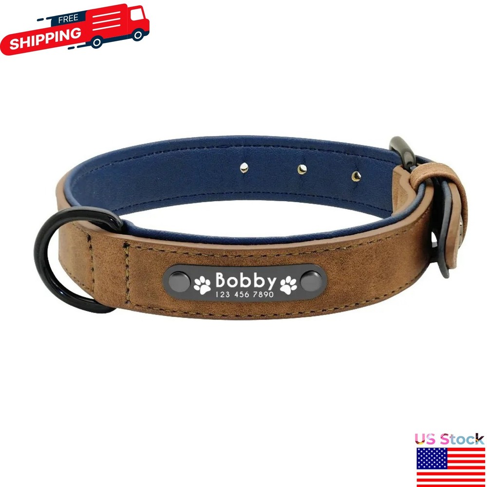 Soft Leather Personalized Dog Collar ID Tag Engraved for Small Medium Large Dogs