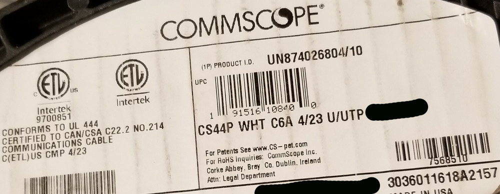 Commscope CS44P Cat6A U/UTP Network Ethernet 10G 10Gig Cable Plenum White /50ft