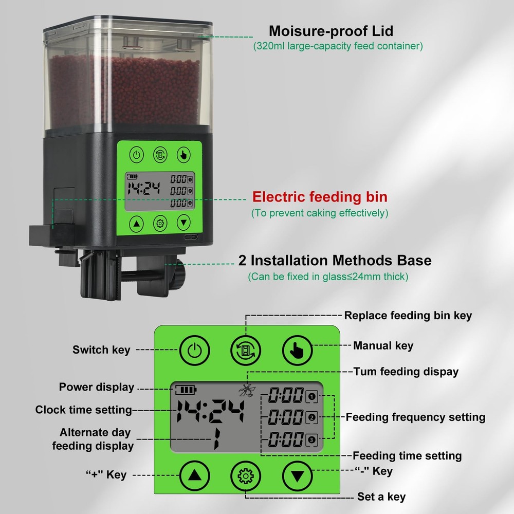 Lychee Automatic Fish Feeder - USB Rechargeable 320ML Large 320ml, Black
