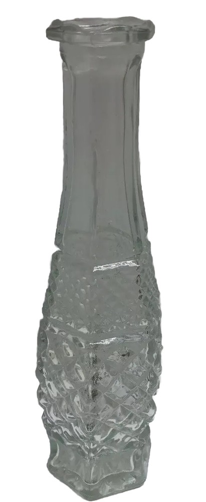 Vintage Clear Glass 9" Bud Vase - Quilted Diamond Pattern, Six-Sided Bottom