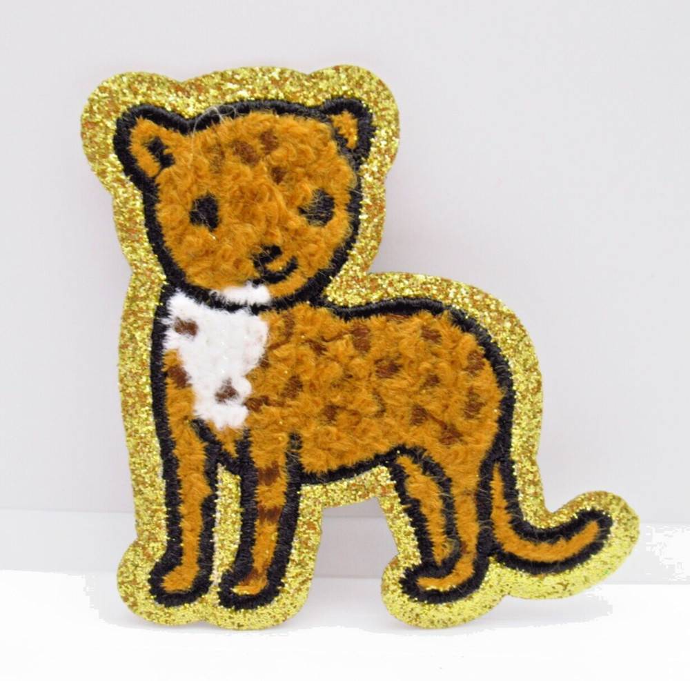 Leopard Patch Iron On Cat Embroidered Spots Gold Glitter Border