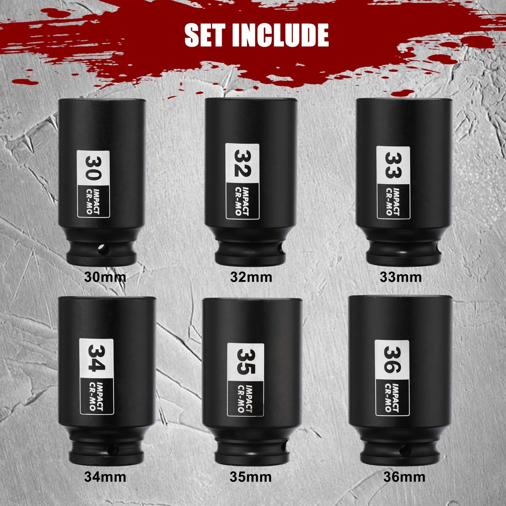 1/2" Drive Deep Spindle Axle Nut Impact Socket Set 6 Point CR-MO Metric