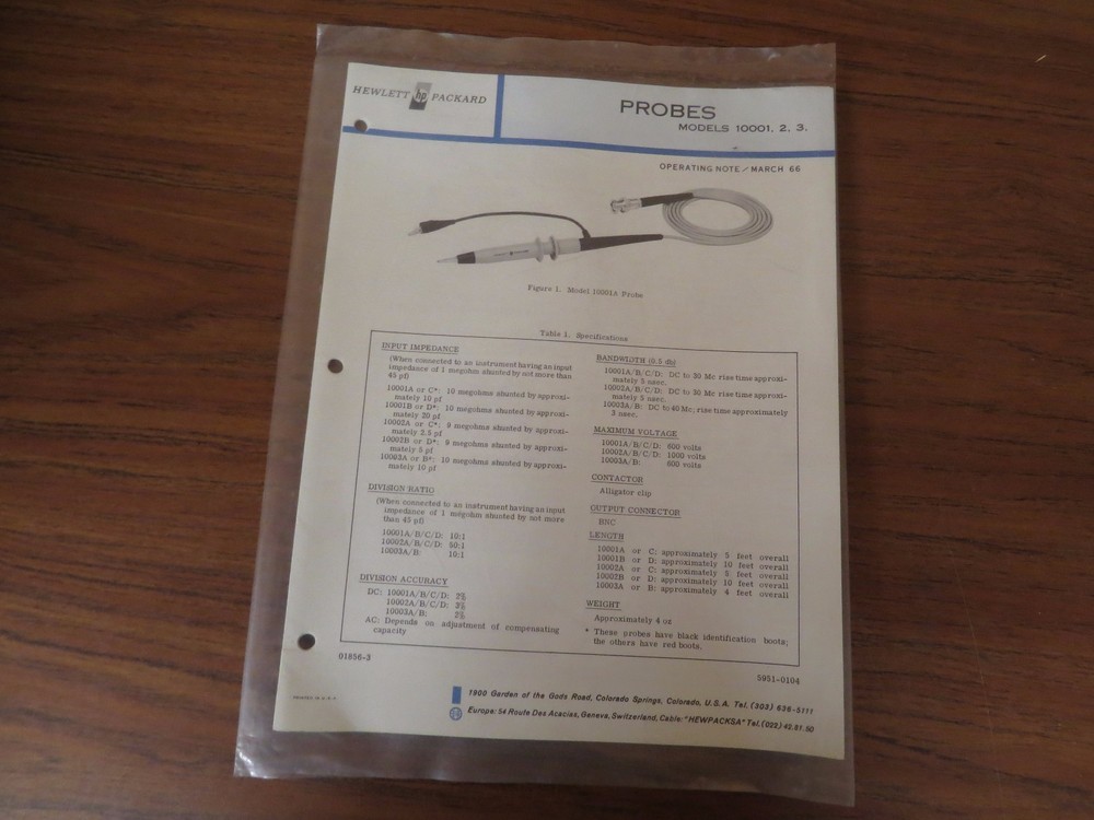+ HEWLETT PACKARD PROBES MODELS 10001, 2, 3 OPERATING NOTE 1966 (D15)
