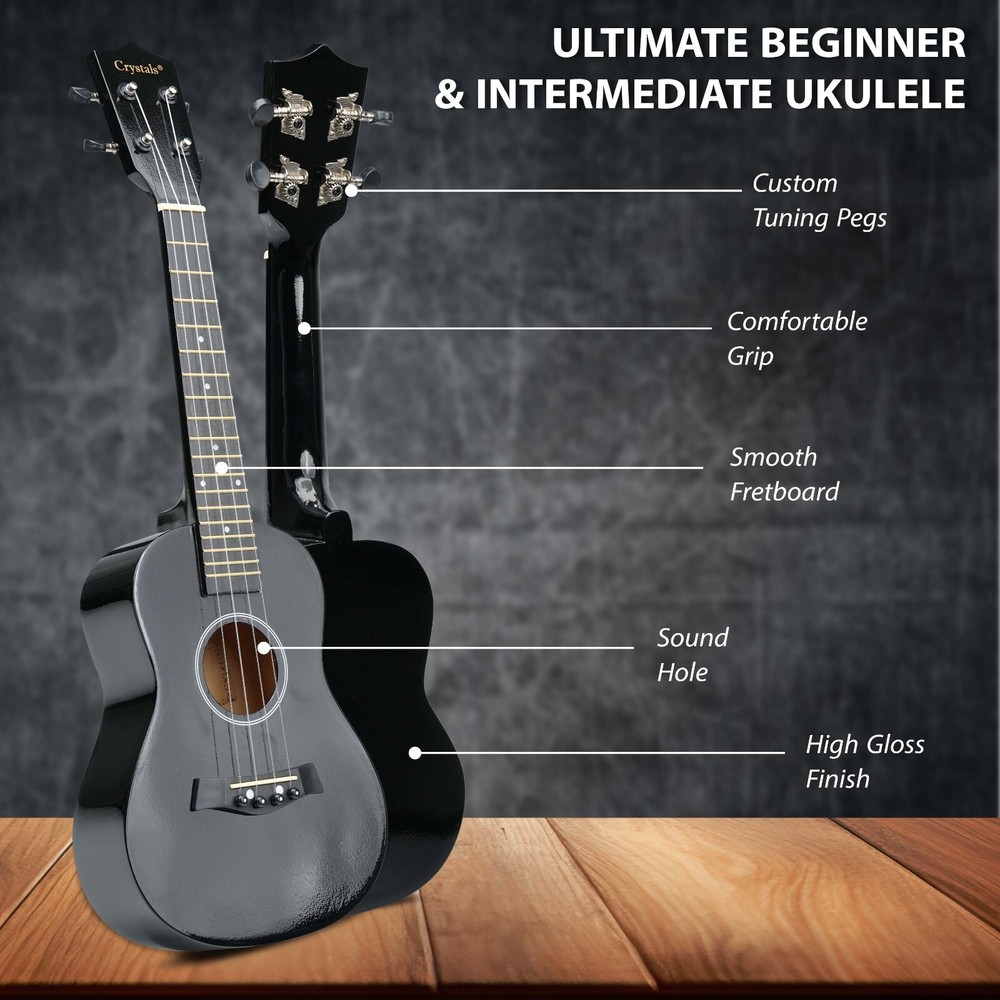 23" Concert Beginners Ukulele, Felt Pick & Spare Strings – Black