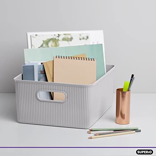 Superio 15L Medium Ribbed Storage Bin- Plastic Storage Bin (2 Pack White Smoke)