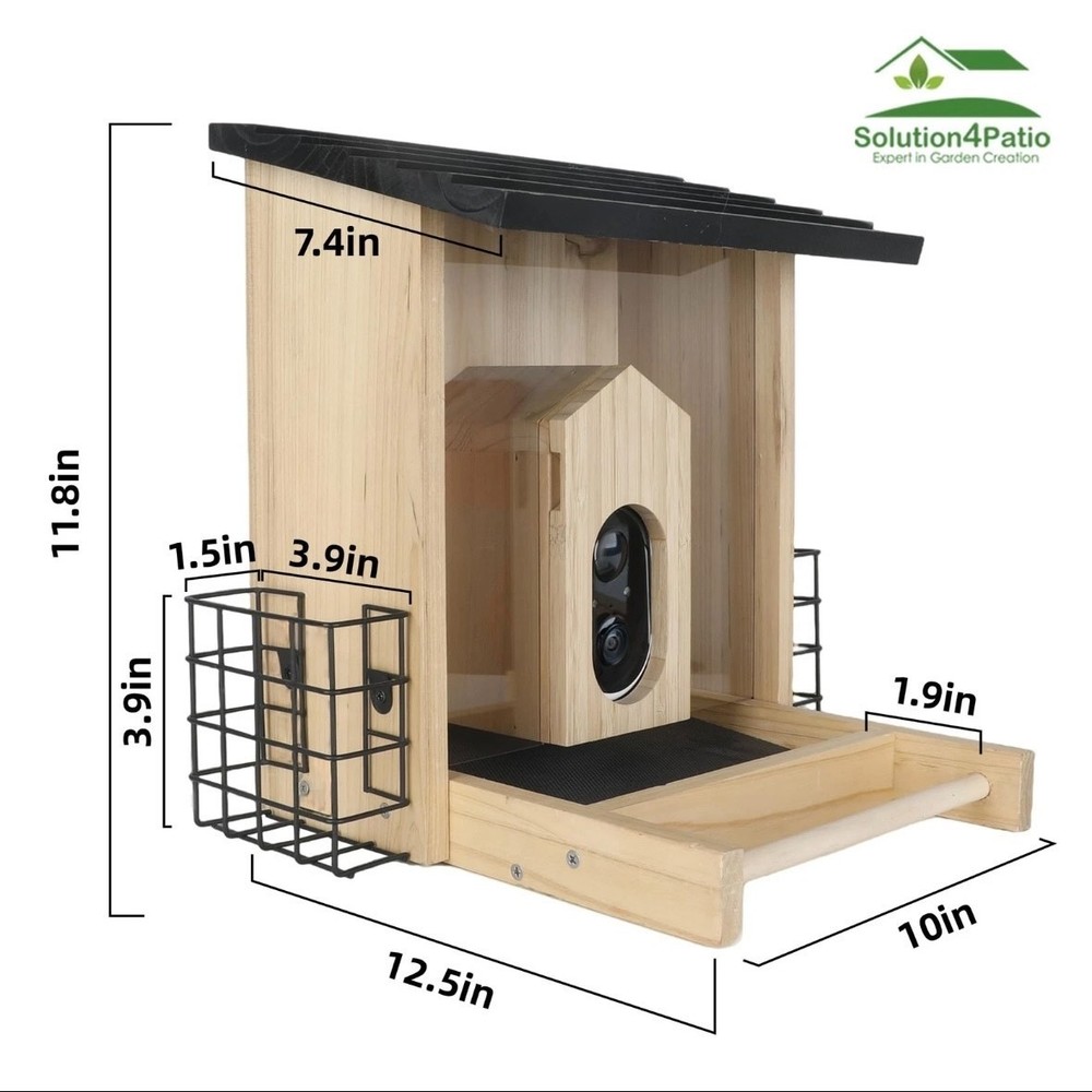Solution4Patio Smart Bird Feeder with Camera Wood Solar Powered
