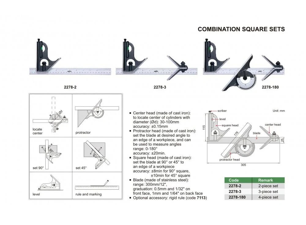 INSIZE 2278-180: Combination Square Set: Inch/Metric, Std, Center/Protract