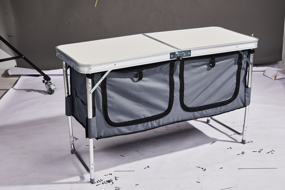 4ft White Folding Camping Table w/ Storage & Adjustable Height, Portable