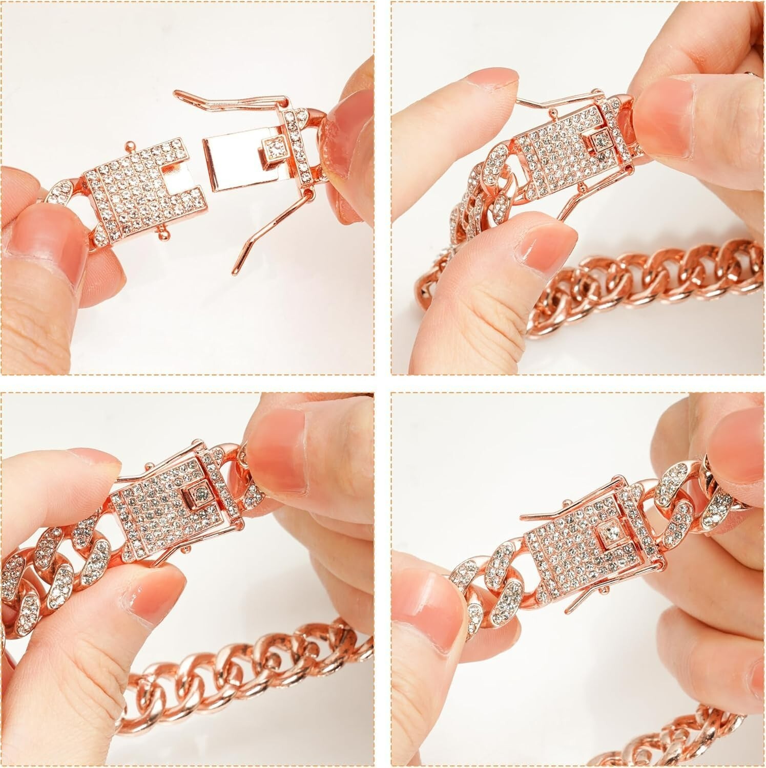 Rose Gold Bling Cuban Link Dog Collar Diamond Rhinestone Necklace Cat Kitten Pup