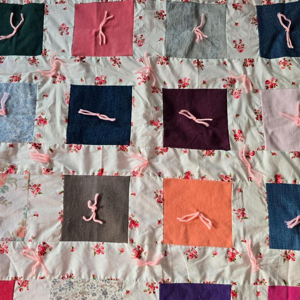 Handmade Child Tie Quilt 43"x39" Patchwork Square Blanket Pink Gingham Back