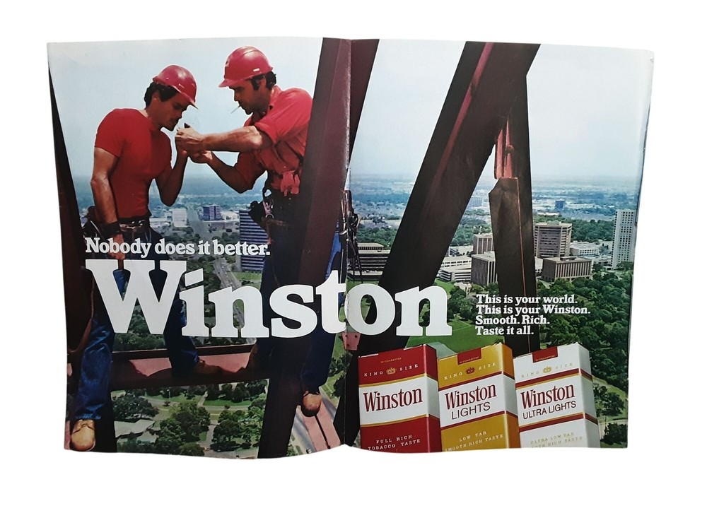 1982 Winston Cigarettes Print Ad 3 Page Uncut Construction Workers
