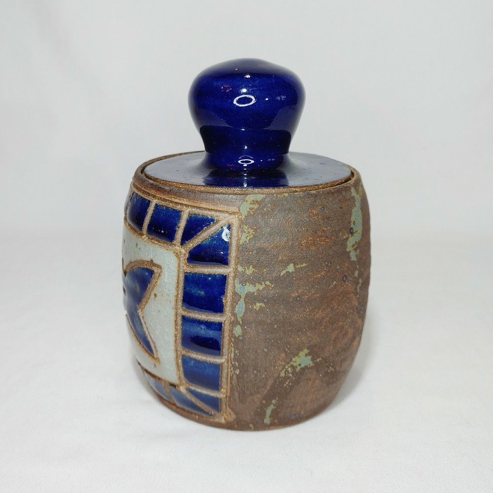 Art Pottery Lidded Jar Decor Piece Partially Glazed Fish Signed