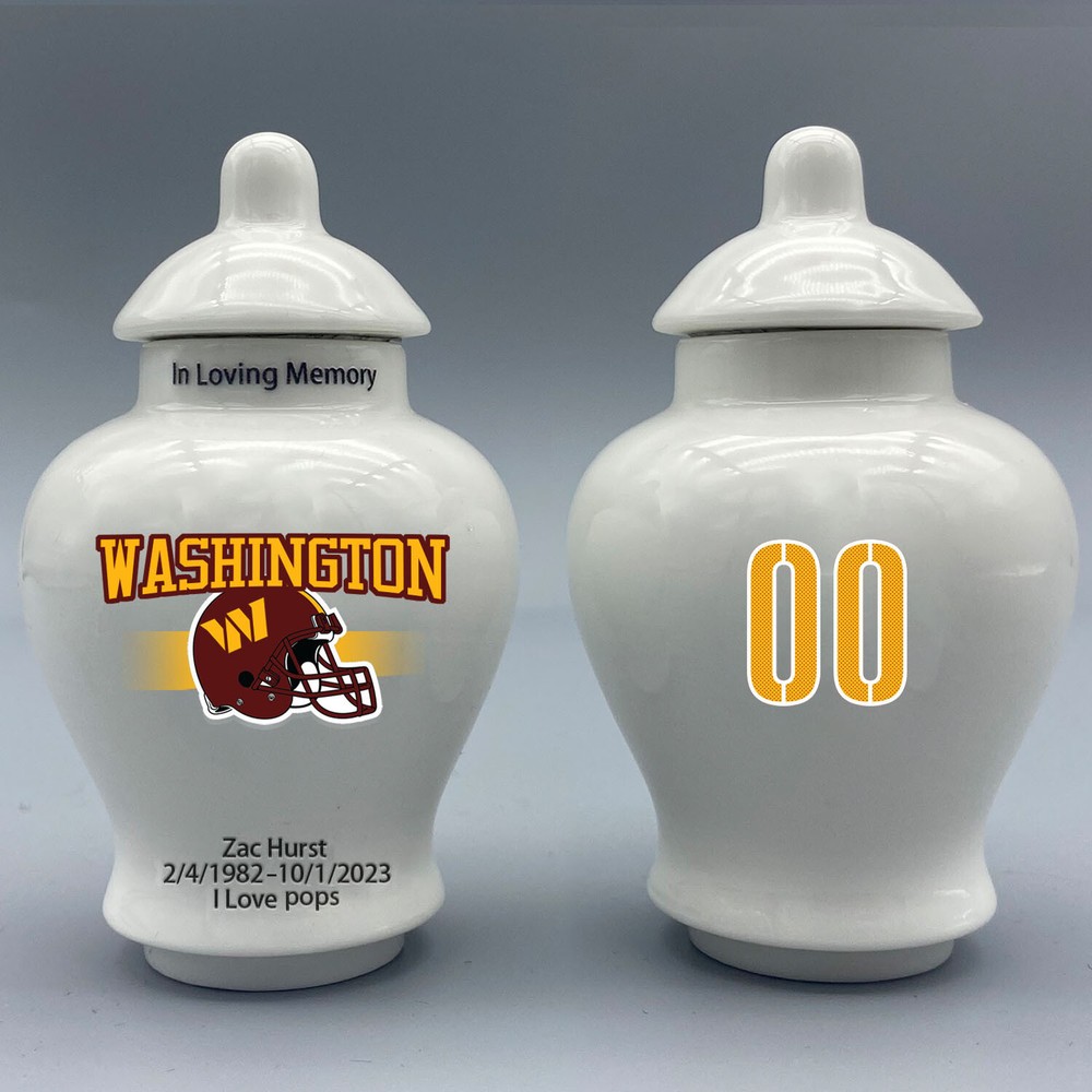 Ceramic Football Urn – Washington Commanders Theme, Custom Text & Number