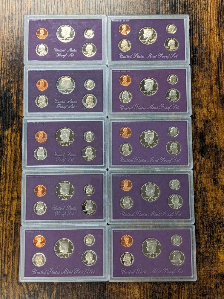 1984-1993 US Mint Issued Proof Sets As Pictured. 10 Sets.