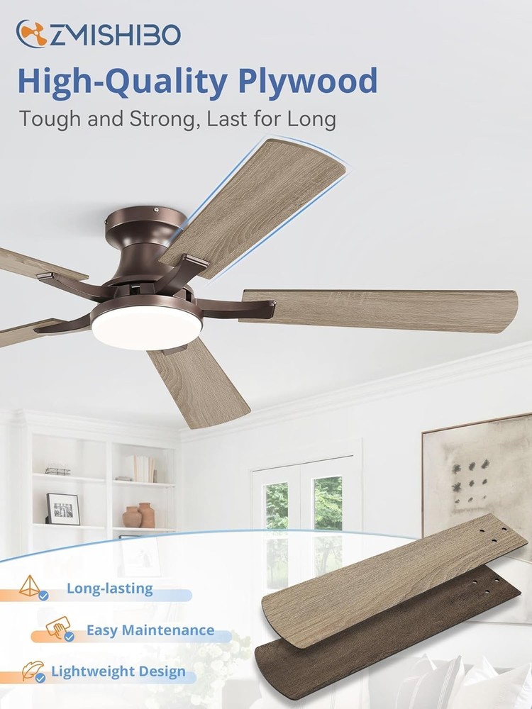 52 Inch Ceiling Fan W/ Light App&Remote Control Flush Mount Low Profile Dimmable