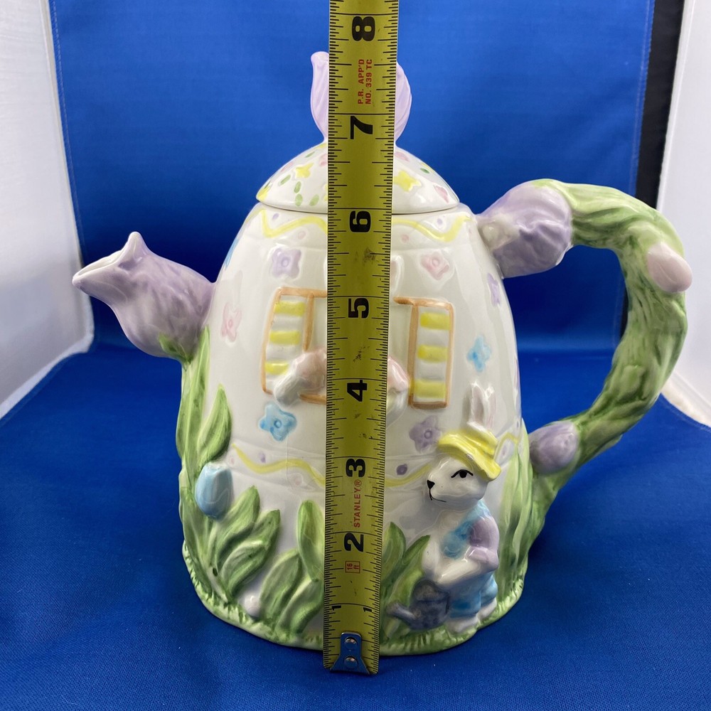 Decorative Teapot bunny Easter tulips with lid Figural